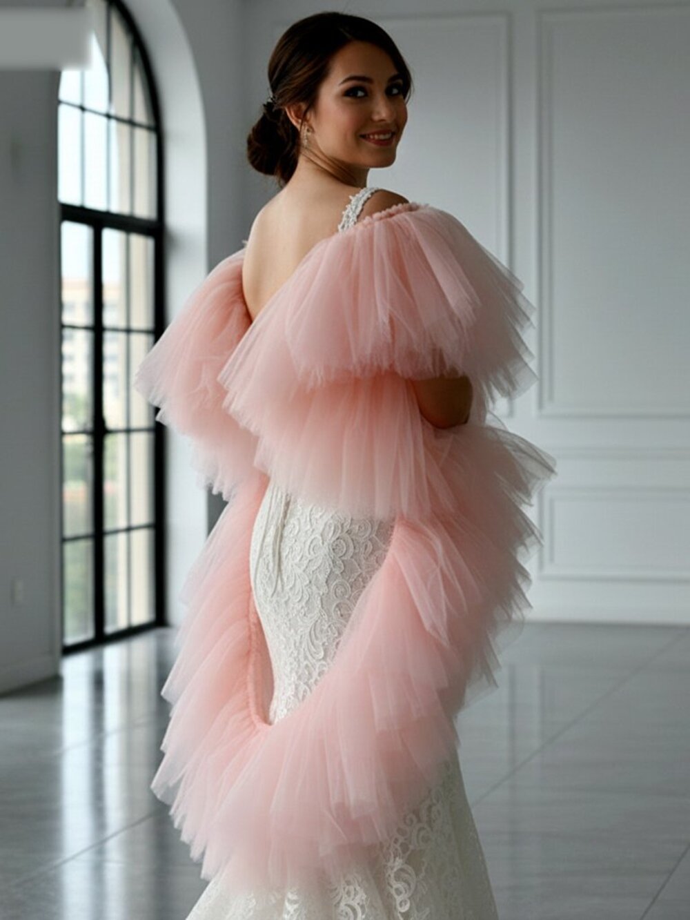 Blush Pink Tiered Tulle Bridal Bolero Wrap Shawl